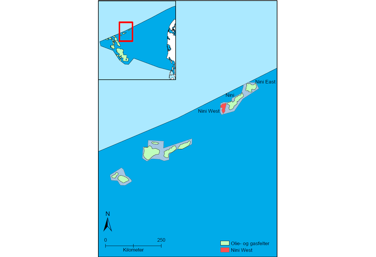 Kort over Nini Wests placering i Nordsøen.