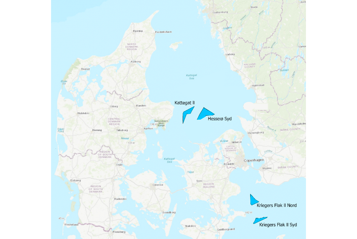 Kortet ovenfor viser områderne, som skal forundersøges med henblik på mulig etablering af havvindmølleparker. Kortet fremgår af screeningen af havarealer offentliggjort den 11. maj 2022