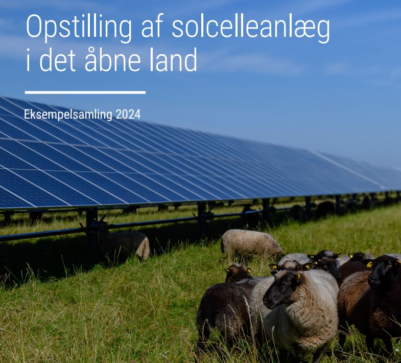 På forsiden af eksempelsamlingen ses en flok får foran et solcelleanlæg på en mark. Illustration: Energistyrelsen