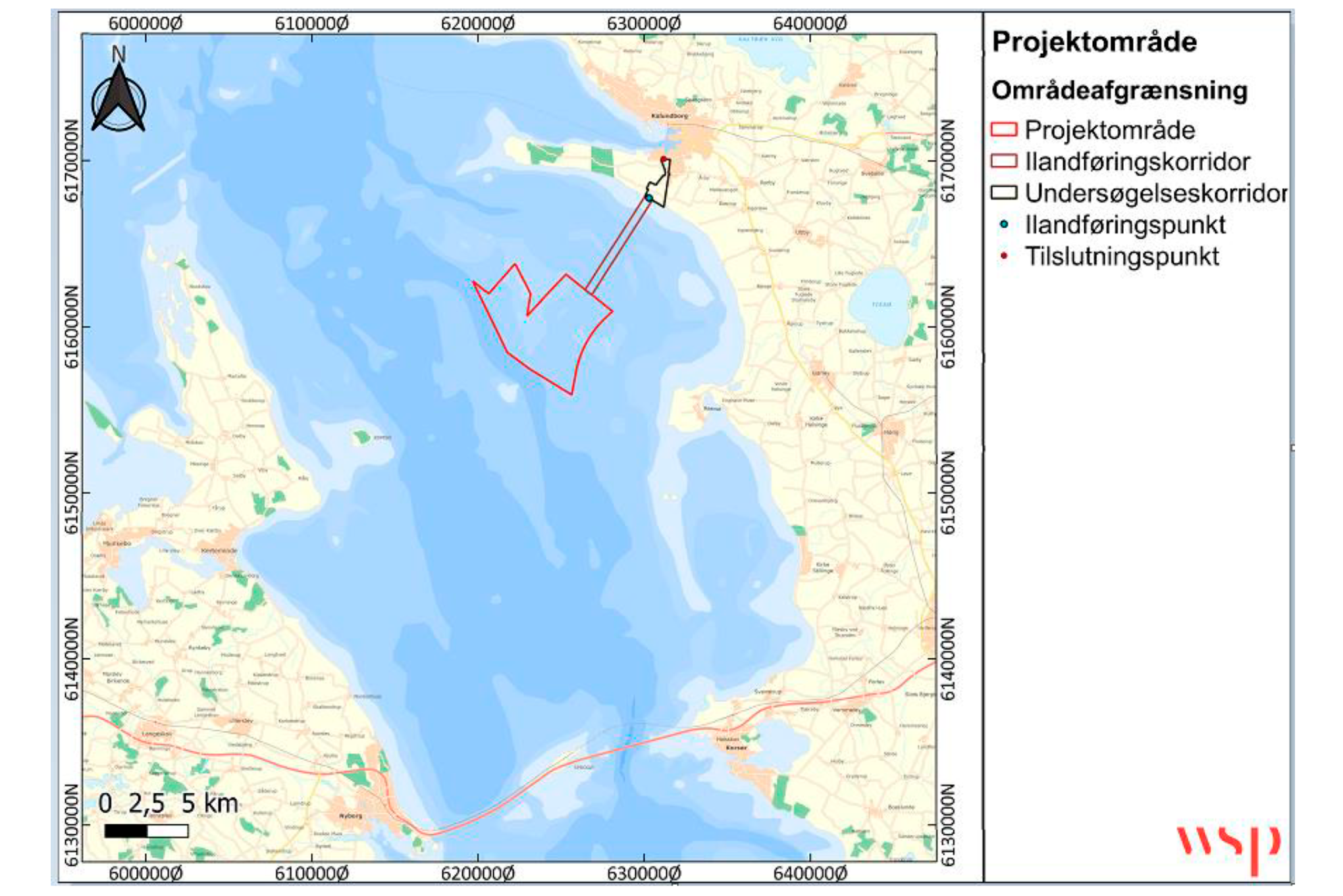 Illustration: Oversigtskort, der viser afgrænsningen af Jammerland Bugt projektområdet og ilandføringskorridoren på havet, samt undersøgelseskorridoren på land.