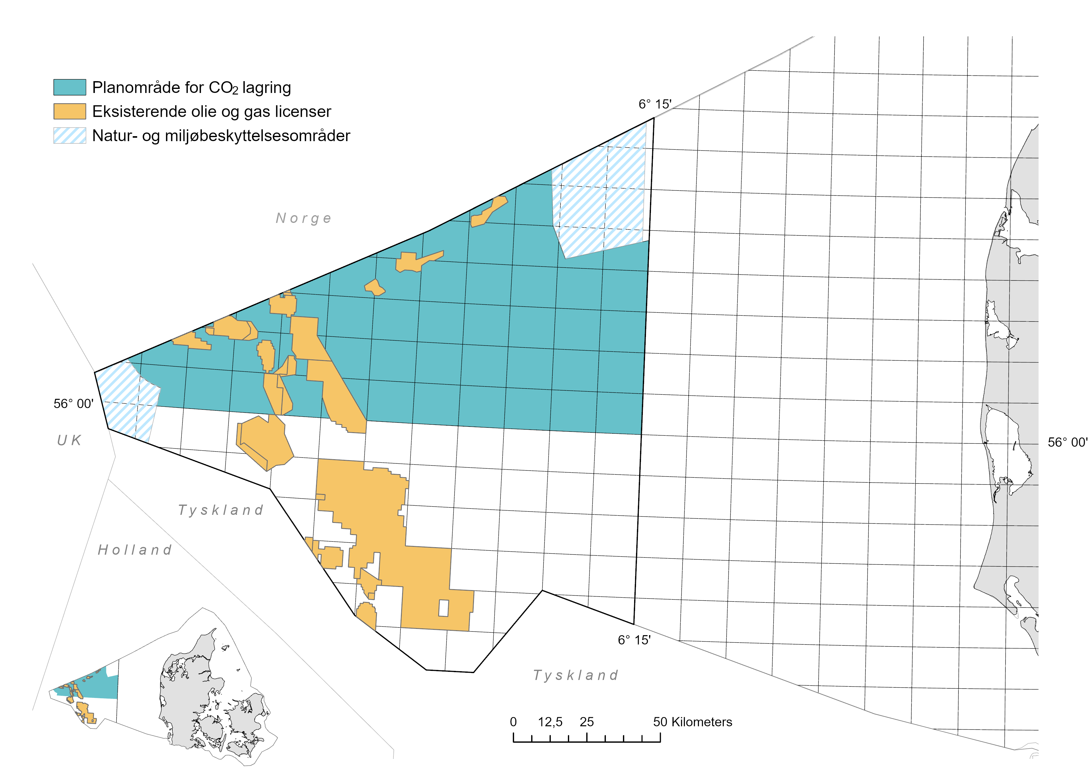 The tendered area in the North Sea on the Danish continental shelf, where it is possible to apply for licenses for investigation of and storage of CO2.