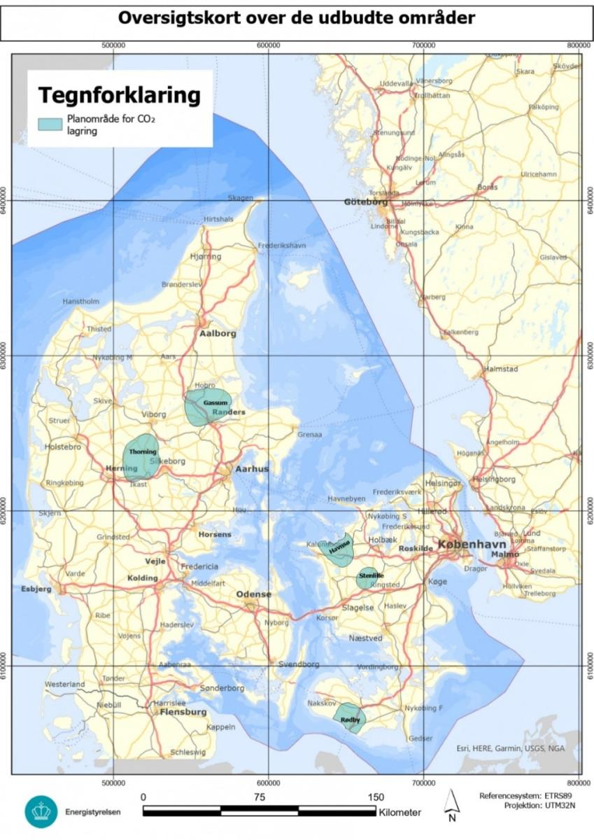 Placering af planområde for CO2 lagring i undergrunden på land