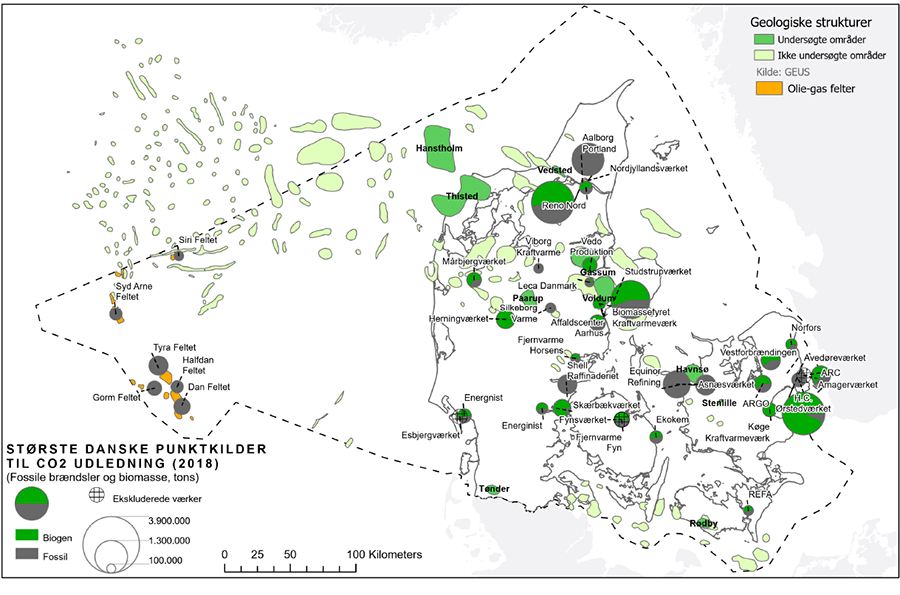 Overview map of point sources and potential storage structures in Denmark