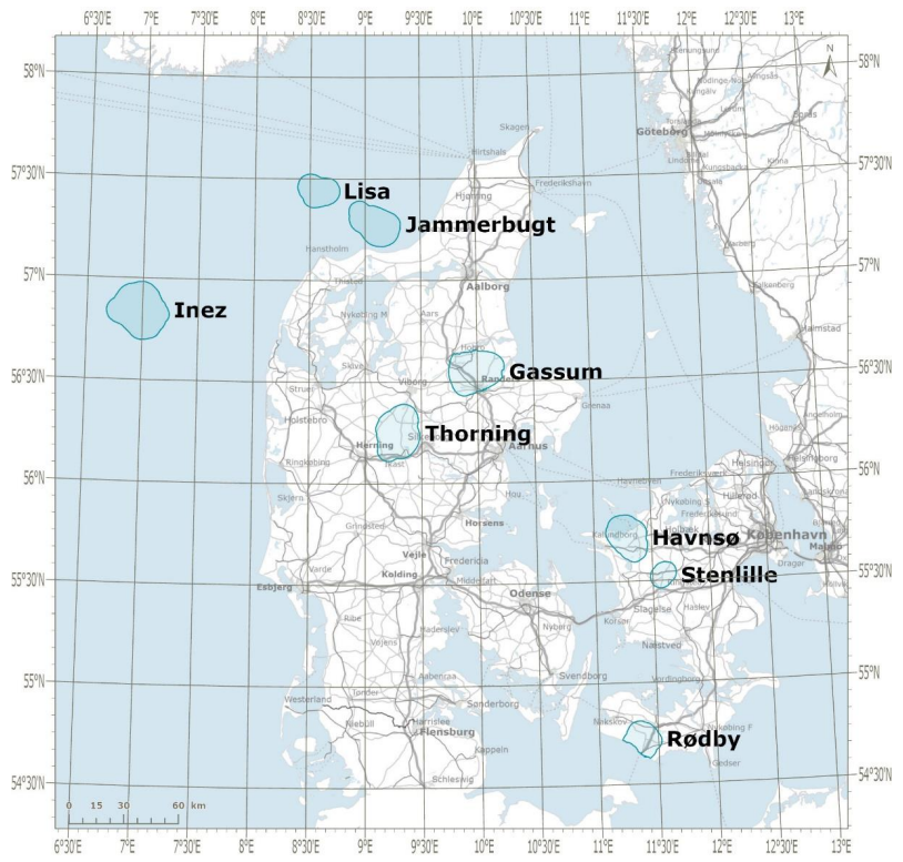 kort viser de 8 områder der er omfattet af SMV for evt. planområde for CO2-lagring i Stenlille, Havnsø, Rødby, Gassum, Thorning, Jammerbugt, Lisa og Inez