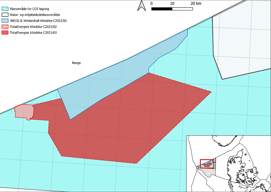 Map of planned area for CO2 storage, marine protected areas as well as the licenses C2023/01, C2023/02 and C2023/03