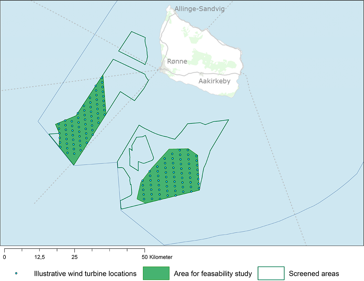 Location of offshore wind turbines south-southwest of Bornholm, the Baltic Sea energy island. The Danish Energy Agency.