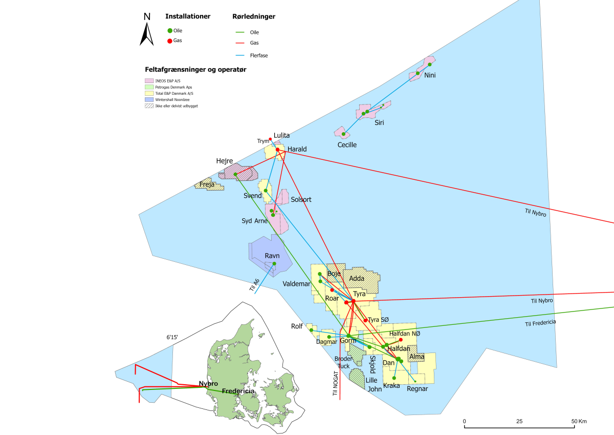 Kortet er en visualisering af olie- og gasfelterne i den danske del af Nordsøen.