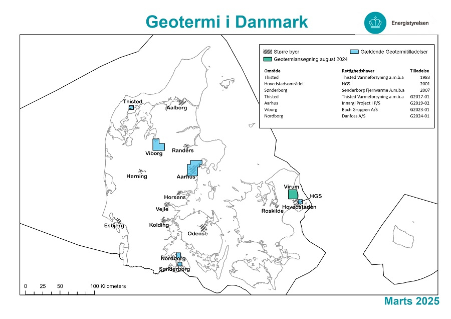 Kort over geotermitilladelser i Danmark