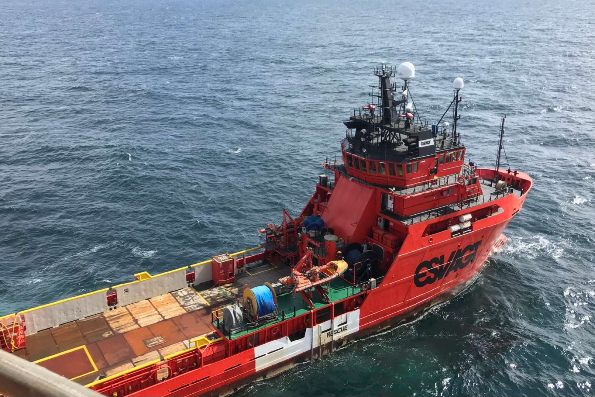 Et orange skib sejler på vand