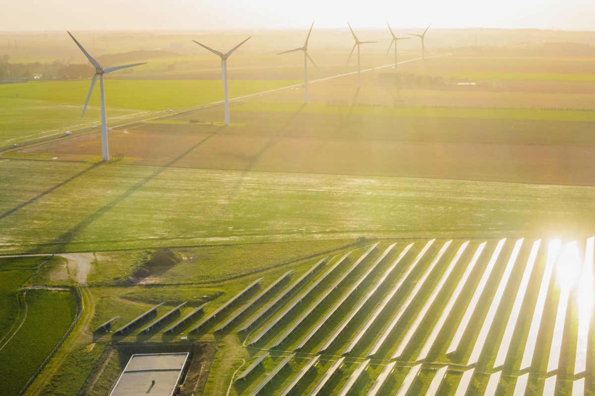 Grøn mark med solceller og vindmøller på land