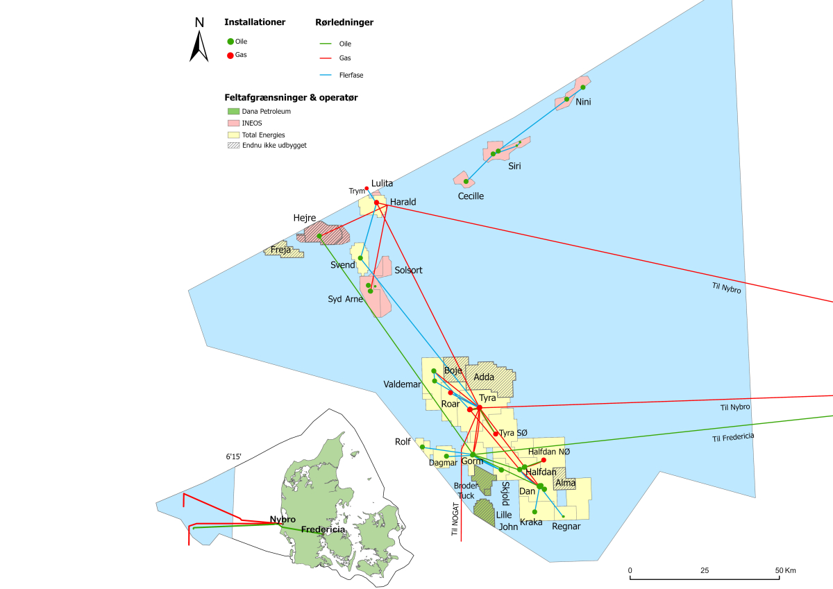 Kort over olie- og gasinstallationer og rørledninger inkl. feltafgrænsninger og operatører