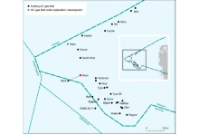 Oversigtskort over placeringen af Ravn-feltet og andre olie- og gasanlæg i den danske sektor af Nordsøen.