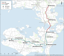 Figur: Linjeføringen af Lolland-Falster gasrørledningen. Kilde: Energinet, Evida Figur: Linjeføringen af Lolland-Falster gasrørledningen. Kilde: Energinet, Evida