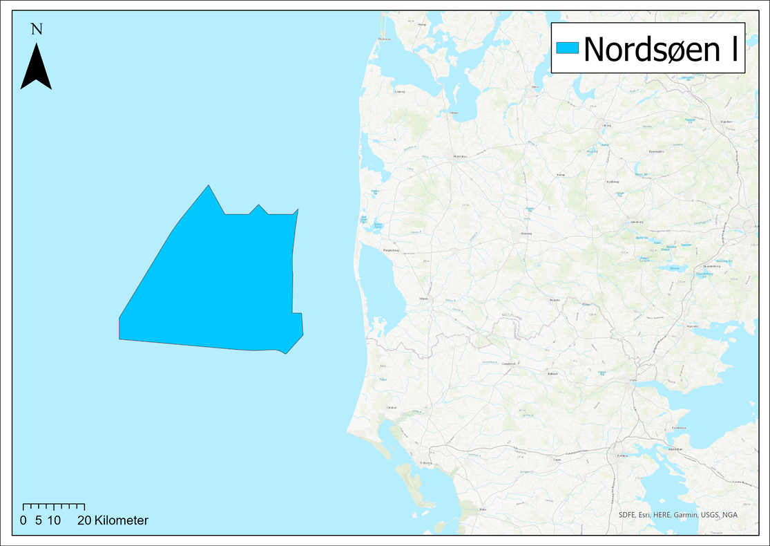 Illustration: Forundersøgelsesområdet Nordsøen I, som skal undersøges med henblik på mulig etablering af havvindmølleparker. Området fremgår af screeningen af havarealer offentliggjort den 11. maj 2022, men er siden reduceret en anelse i størrelse.