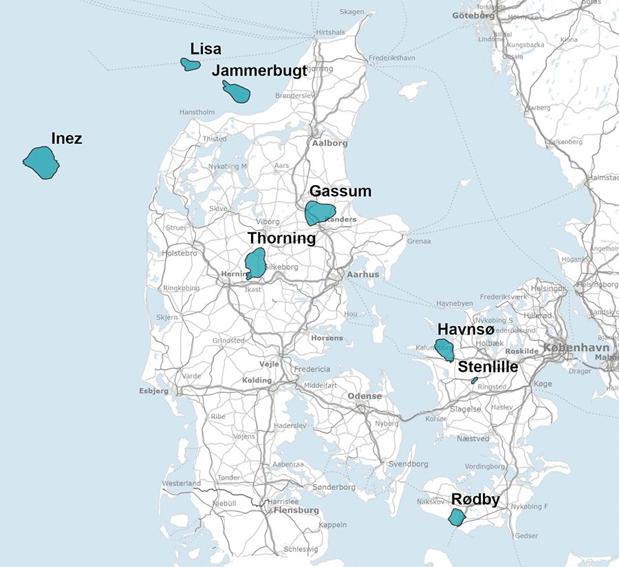 Kort der viser de 8 områder der er omfattet af udbuddet Stenlille, Havnsø, Rødby, Gassum, Thorning, Jammerbugt, Lisa og Inez