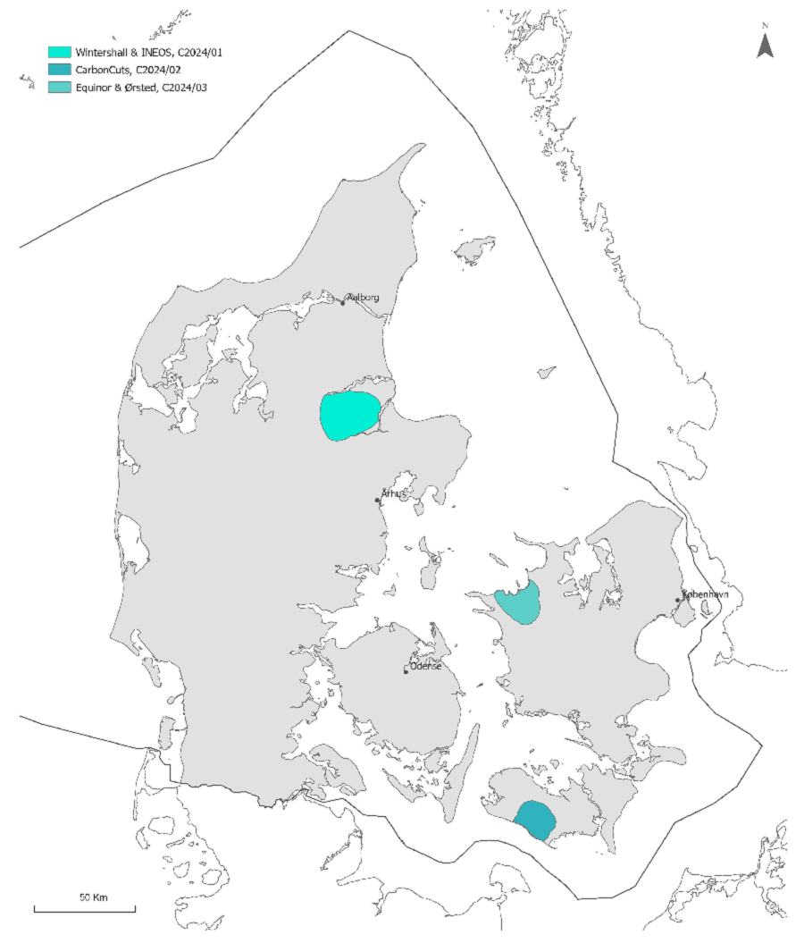 map of the three selected areas for CO2 storage on land. The three areas are located at Vestsjælland, Lolland and East Jutland.