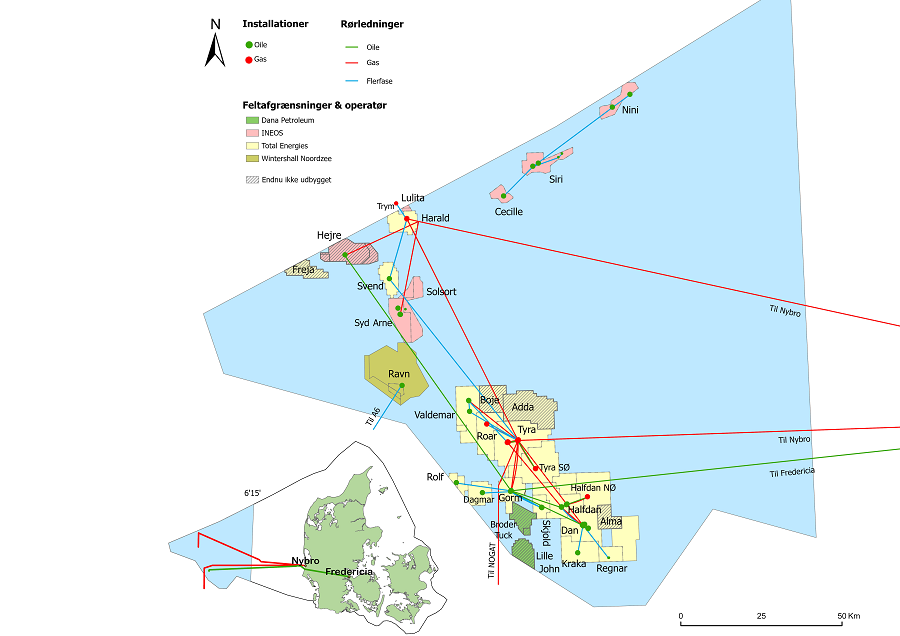 Billede af olie- og gasboringer i den danske del af Nordsøen 