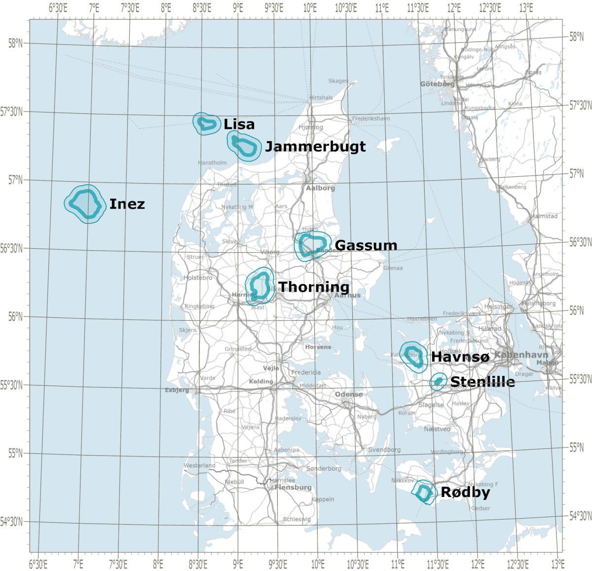Kort der viser de 8 områder der er omfattet af udbuddet Stenlille, Havnsø, Rødby, Gassum, Thorning, Jammerbugt, Lisa og Inez