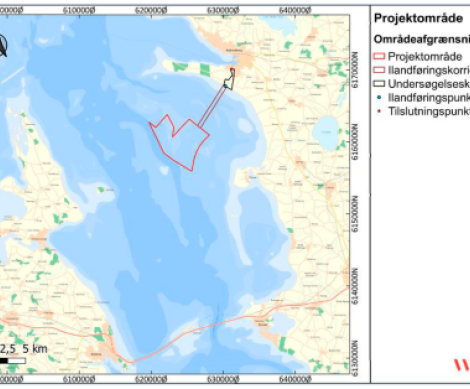Illustration: Oversigtskort, der viser afgrænsningen af Jammerland Bugt projektområdet og ilandføringskorridoren på havet, samt undersøgelseskorridoren på land.