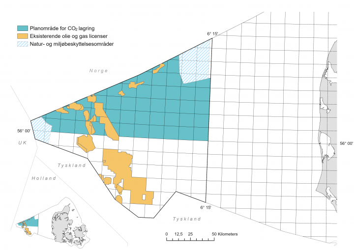 Det udbudte område, hvor der kan søges om tilladelser til efterforskning og lagring af CO2 i et afgrænset område i den danske del af Nordsøen