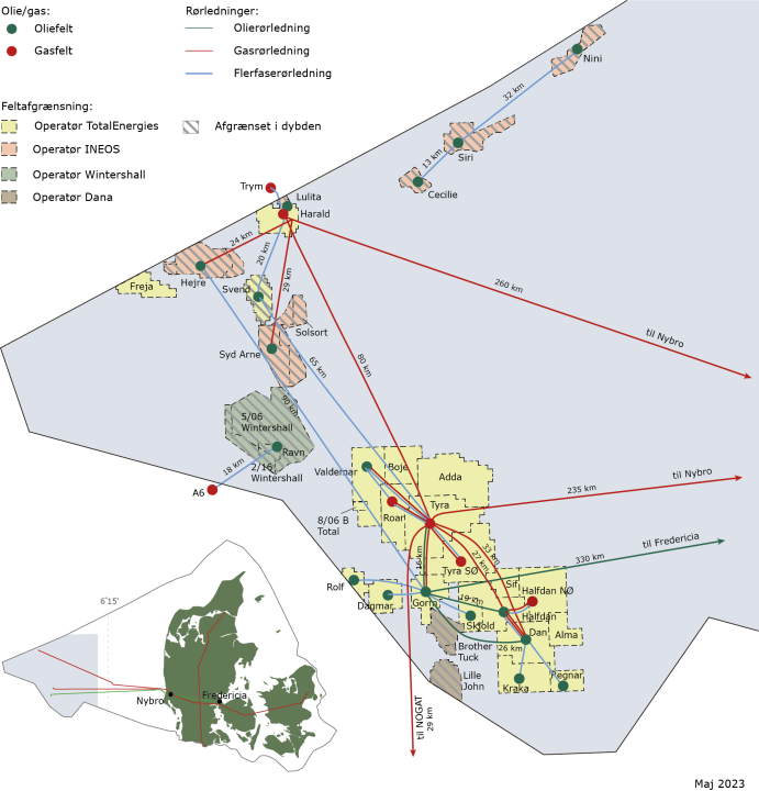 Oversigtskort over placeringen af Hejre-feltet og andre olie- og gasanlæg i den danske sektor af Nordsøen.