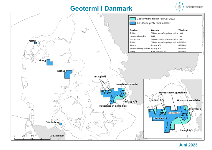 Koncessionskort: Geotermi i Danmark pr. juni 2023.