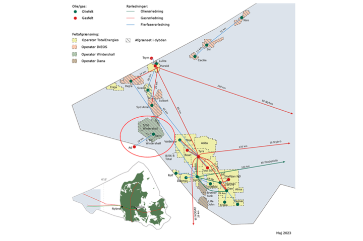 Oversigtskort over placeringen af Ravn-feltet og andre olie- og gasanlæg i den danske sektor af Nordsøen.