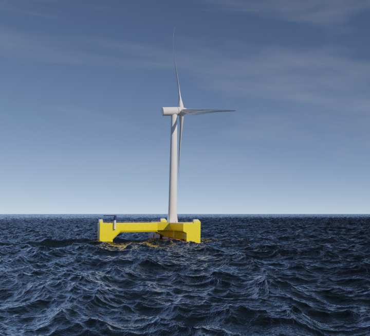 Visualisering af Floating Power Plants kombinerede vind- og bølgekoncept. Med støtte fra EUDP skal man i projektet teste og demonstrere et nyt platformsdesign, der skal videreføres og bringes til markedet med støtte fra EU's Innovationsfond.