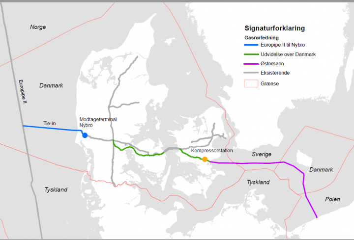 Oversigtskort over hele ruten for Baltic Pipe gasrørledningen. Kilde: Energinet, Gaz System (v. Rambøll) Baltic Pipe - Miljøkonsekvensrapport Februar 2019. 