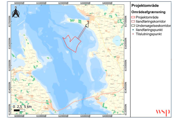 Illustration: Oversigtskort, der viser afgrænsningen af Jammerland Bugt projektområdet og ilandføringskorridoren på havet, samt undersøgelseskorridoren på land.