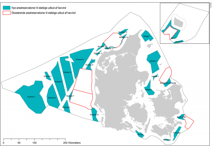 Figur: Nye og eksisterende arealreservationer til statslige udbud af havvindmøller.