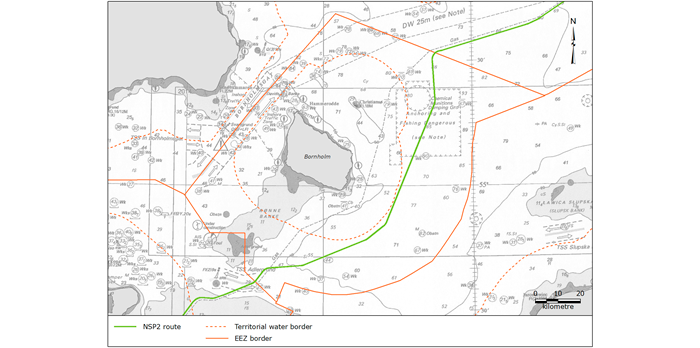 Figur: Kort over Nord Stream 2 ruteføring over dansk kontinentalsokkel. Kilde: Nord Stream 2 AG.