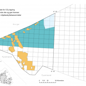 The tendered area in the North Sea on the Danish continental shelf, where it is possible to apply for licenses for investigation of and storage of CO2.