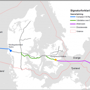 Oversigtskort over hele ruten for Baltic Pipe gasrørledningen. Kilde: Energinet, Gaz System (v. Rambøll) Baltic Pipe - Miljøkonsekvensrapport Februar 2019. 