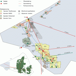 Oversigtskort over placeringen af Solsort feltet og andre olie- og gasanlæg i den danske sektor af Nordsøen, herunder Syd Arne.