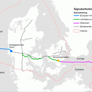 Figur: Linjeføringen af Baltic Pipe rørledningen. Kilde: Energinet, Gaz System.
